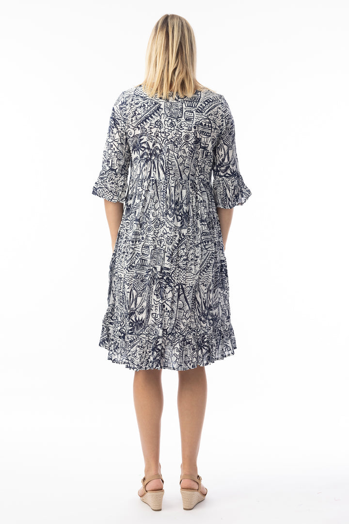 CRINKLE FRILL SLEEVE PINCH PLEAT DRESS