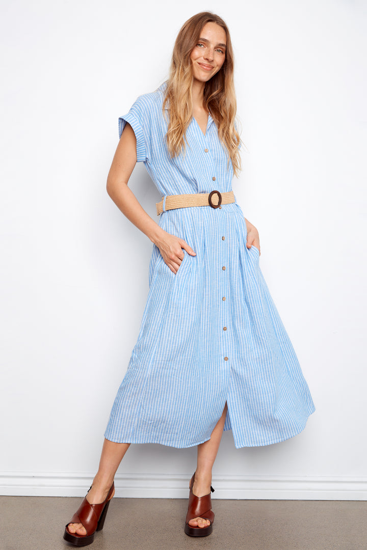 STRIPE BUTTON FRONT DRESS WITH BELT