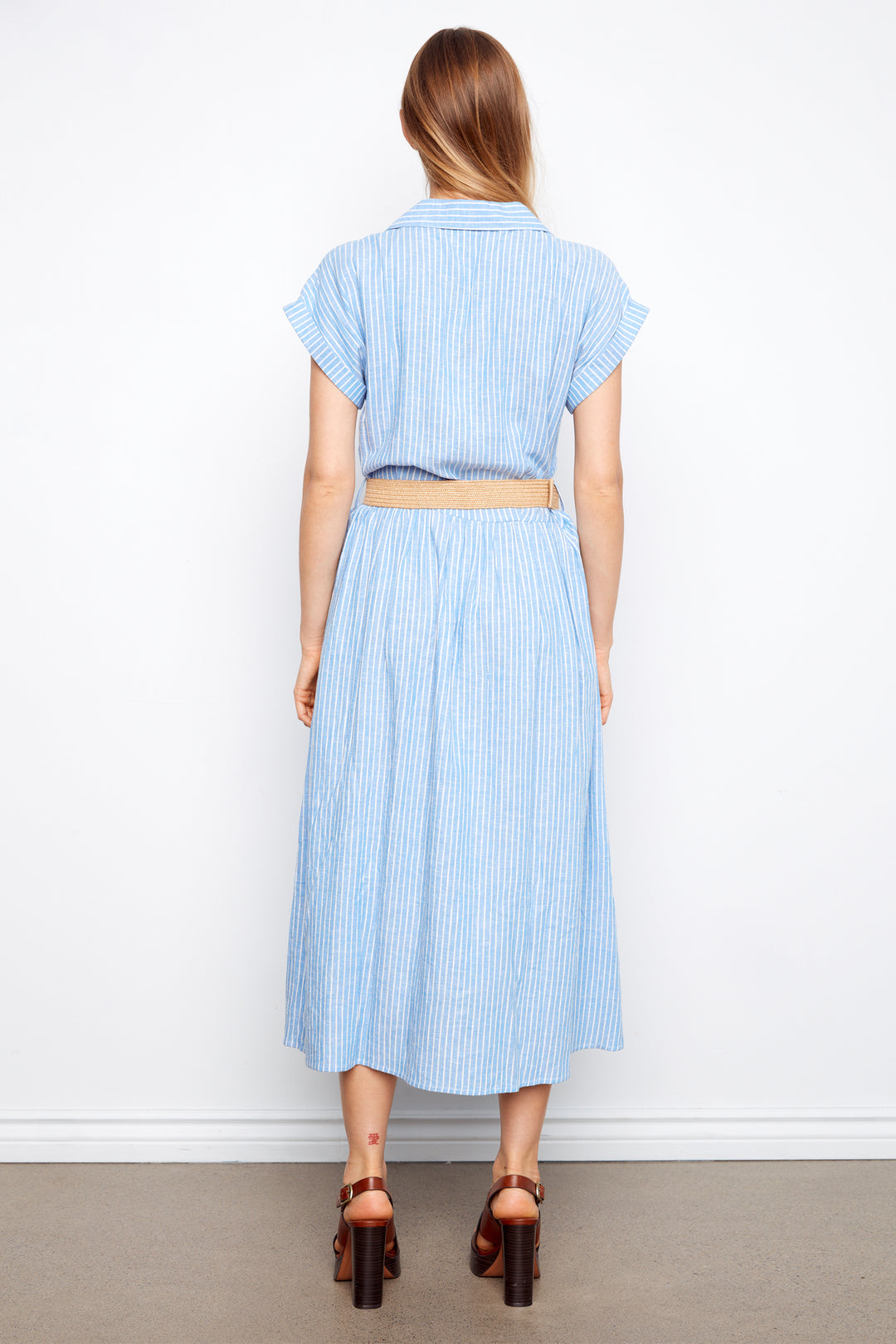 STRIPE BUTTON FRONT DRESS WITH BELT