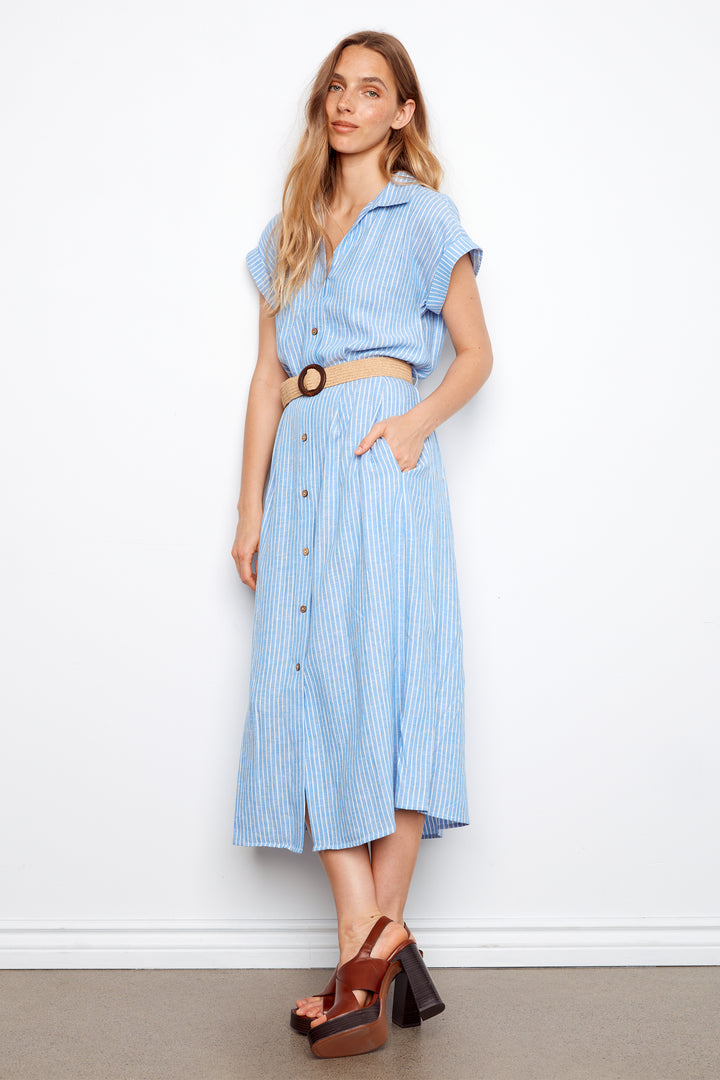 STRIPE BUTTON FRONT DRESS WITH BELT