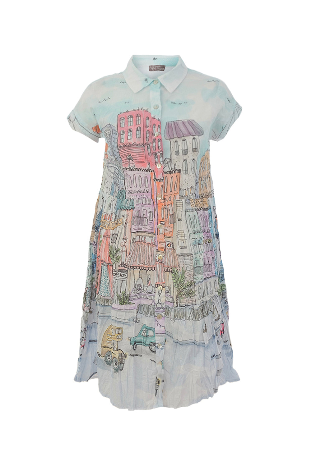 Dress with colorful cityscape print on a white background