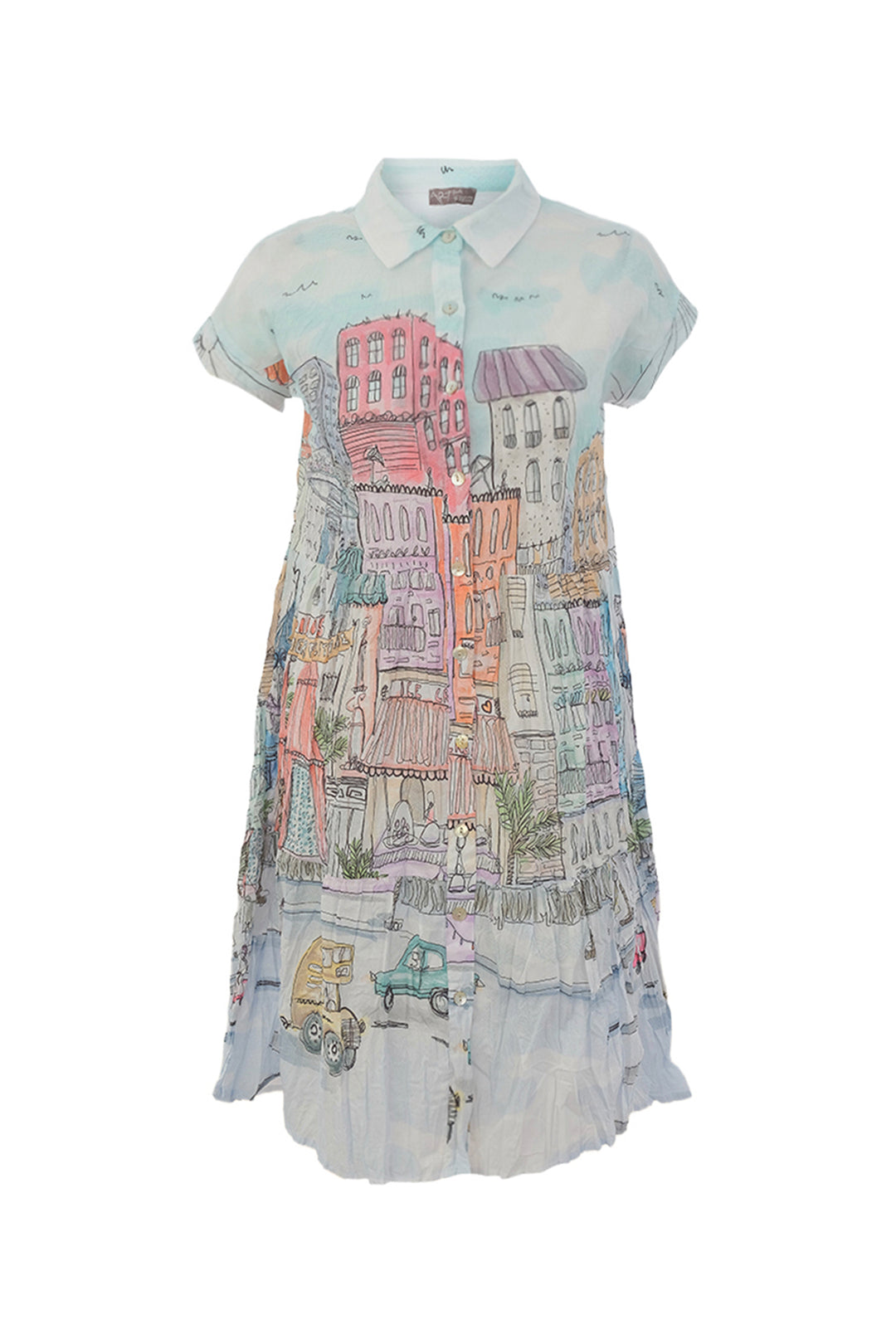 Dress with colorful cityscape print on a white background