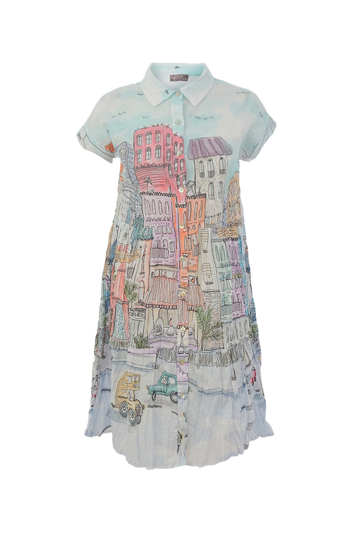 Dress with colorful cityscape print on a white background