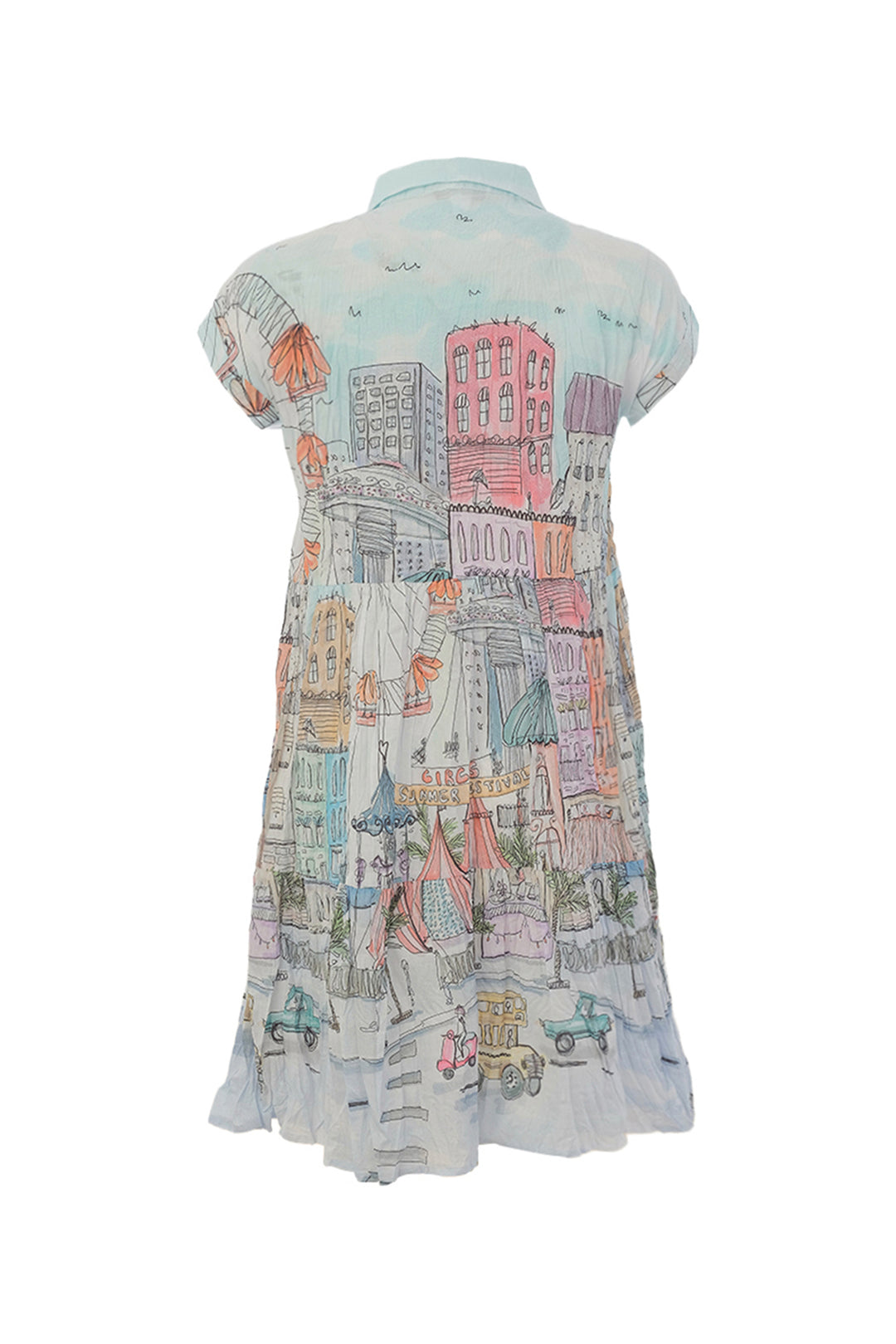 Dress with cityscape print on a white background