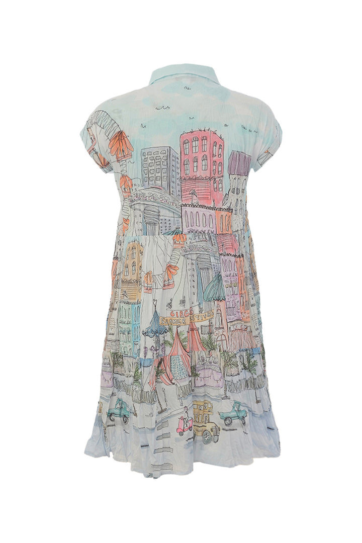 Dress with cityscape print on a white background