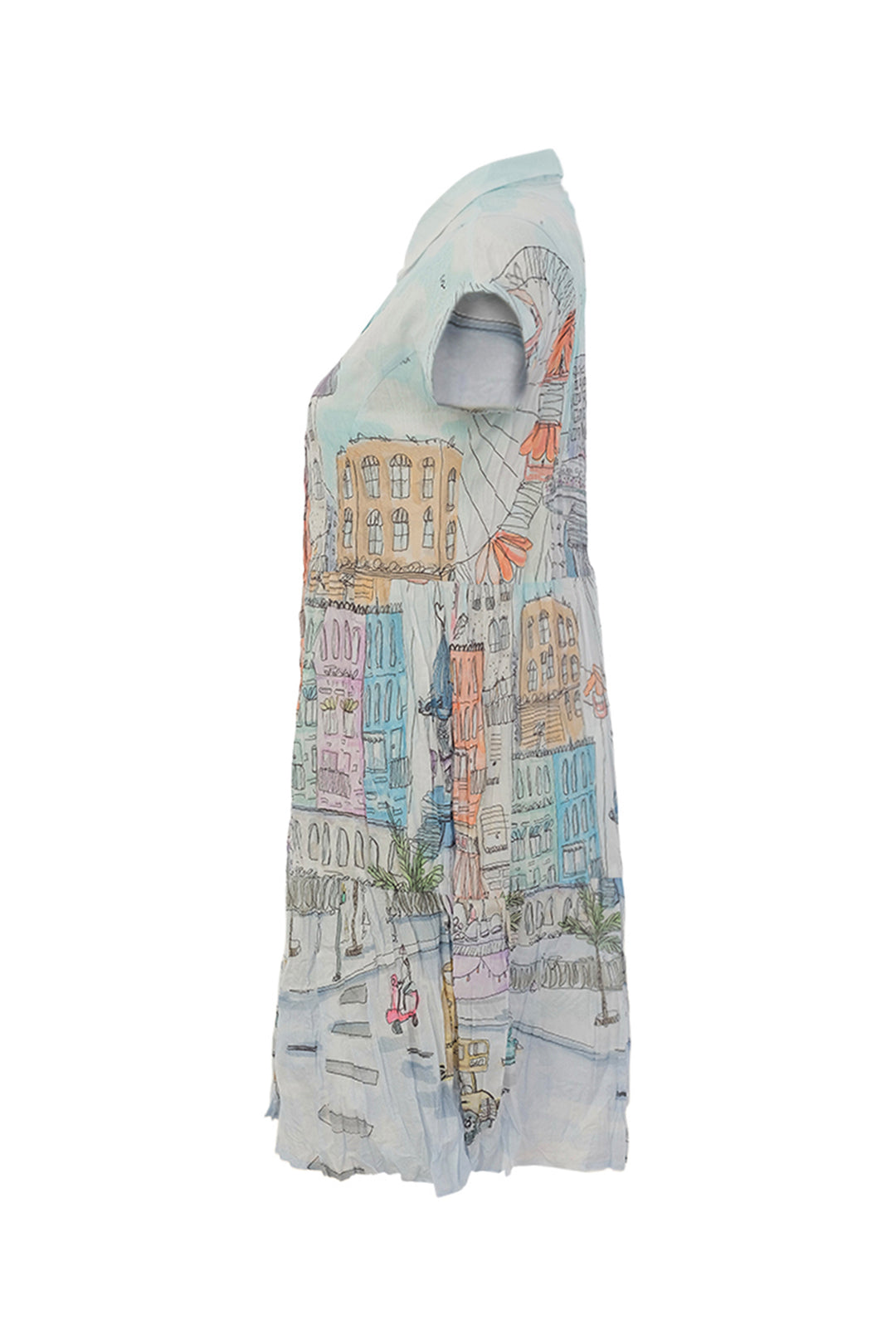 short sleeve womens dress with a cityscape design on a white background