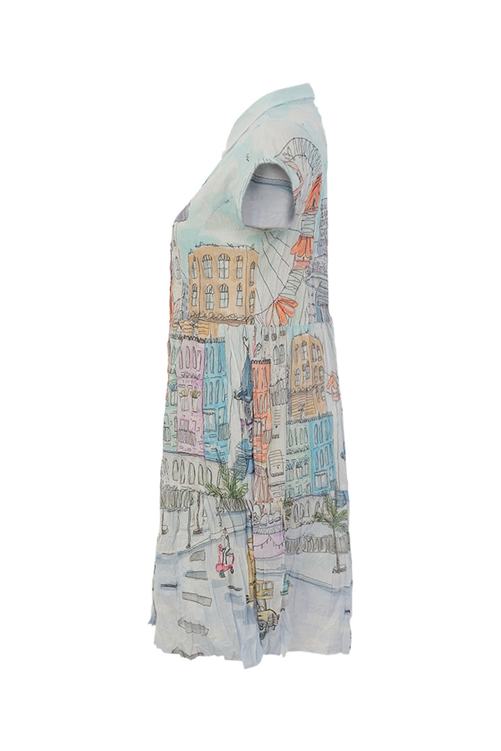 short sleeve womens dress with a cityscape design on a white background