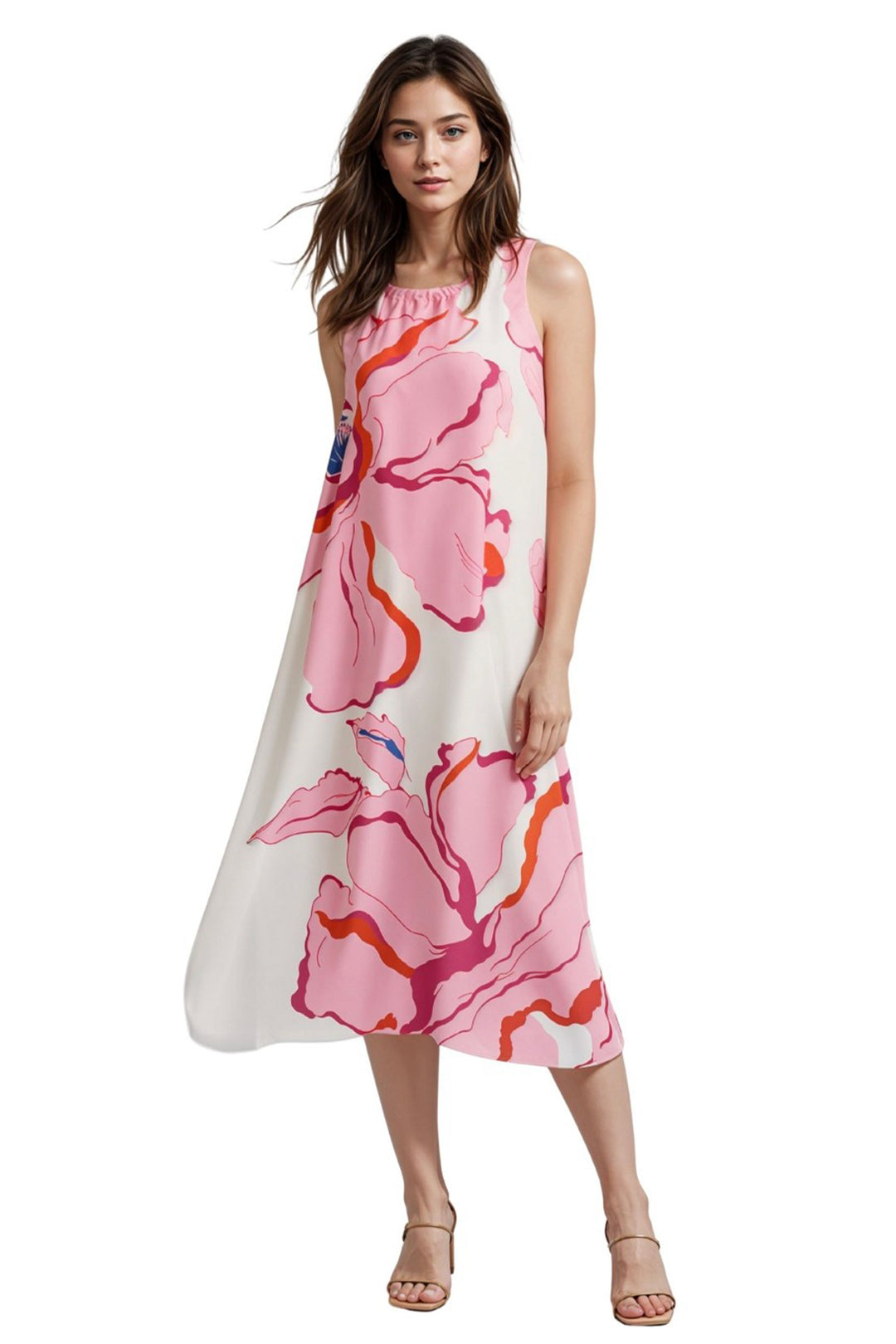Woman wearing a pink chiffon floral dress on a white background