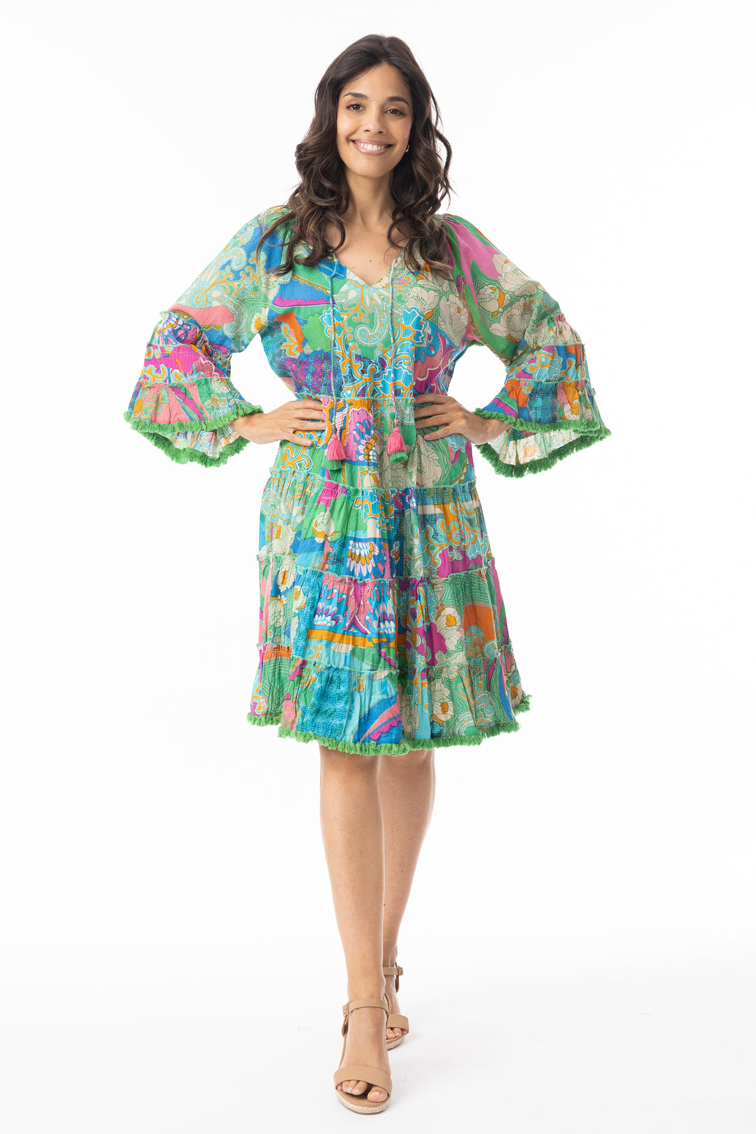 CRINKLE 3/4 SLEEVE BOHO DRESS