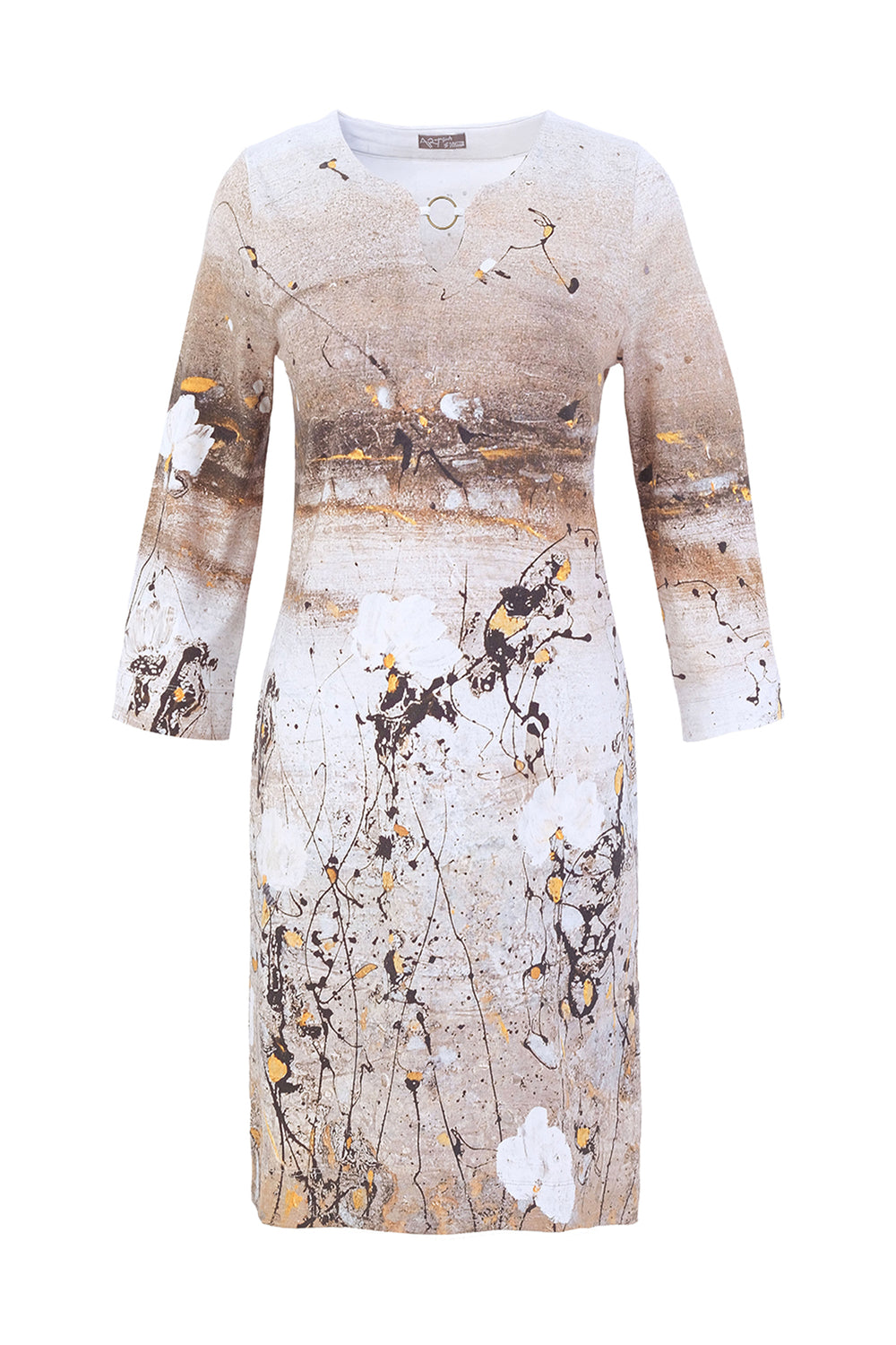 Women's printed dress on a white background.