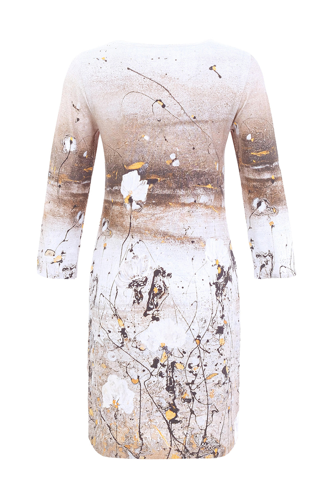 A three-quarter sleeve dress with a textured abstract paint splatter print in beige, brown, white, and gold, shown from the back on a white background.