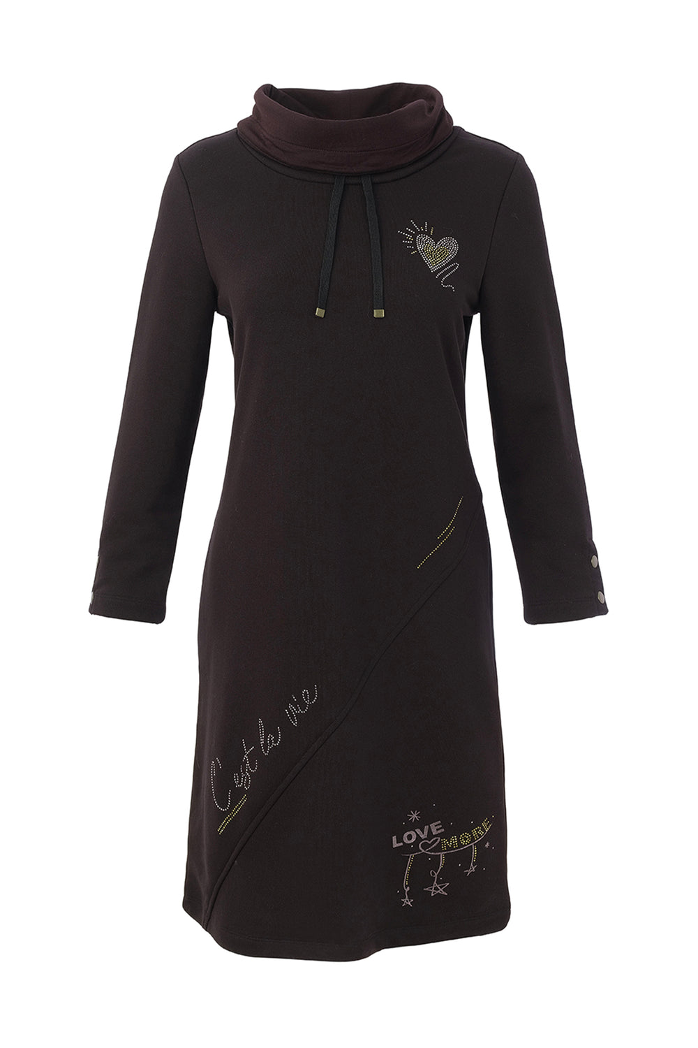 A black long-sleeve dress with a mock neck collar shown against a plain white background.