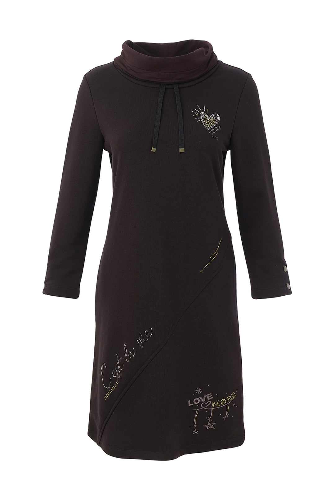 A black long-sleeve dress with a mock neck collar shown against a plain white background.