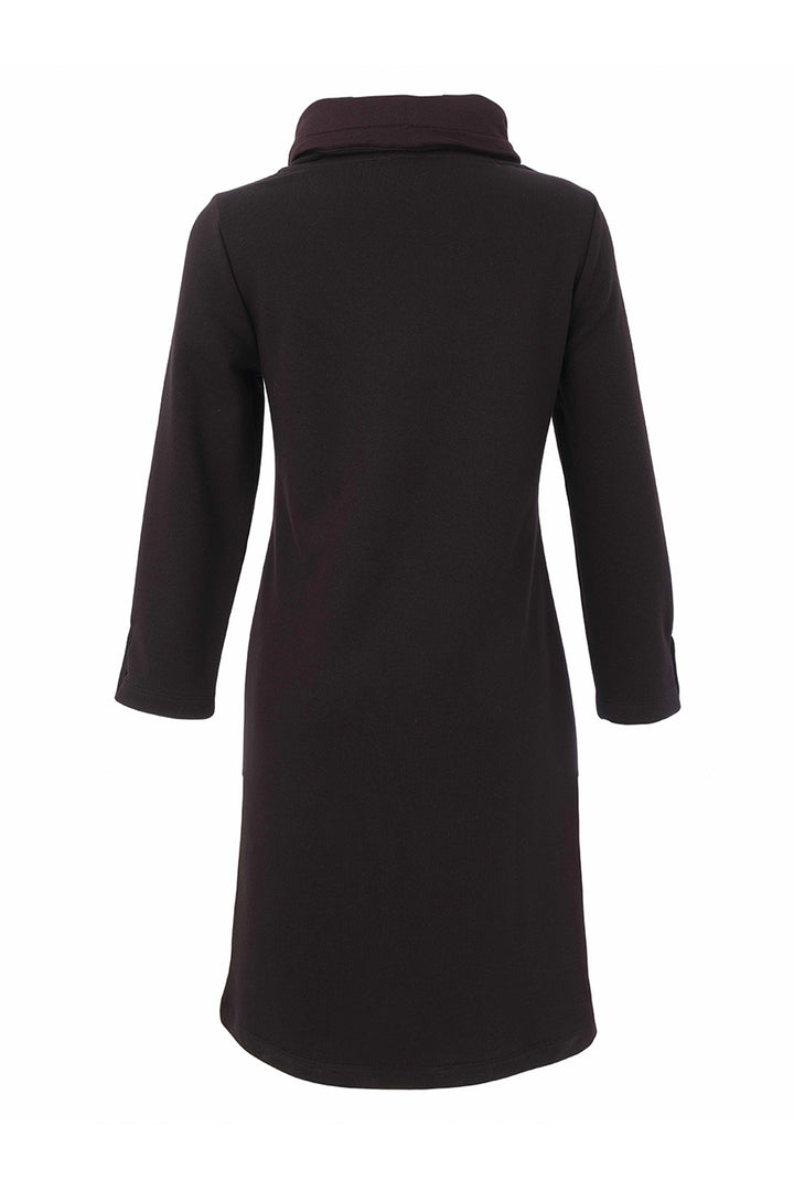 A black long-sleeve dress with a mock neck collar, shown from the back against a plain white background.