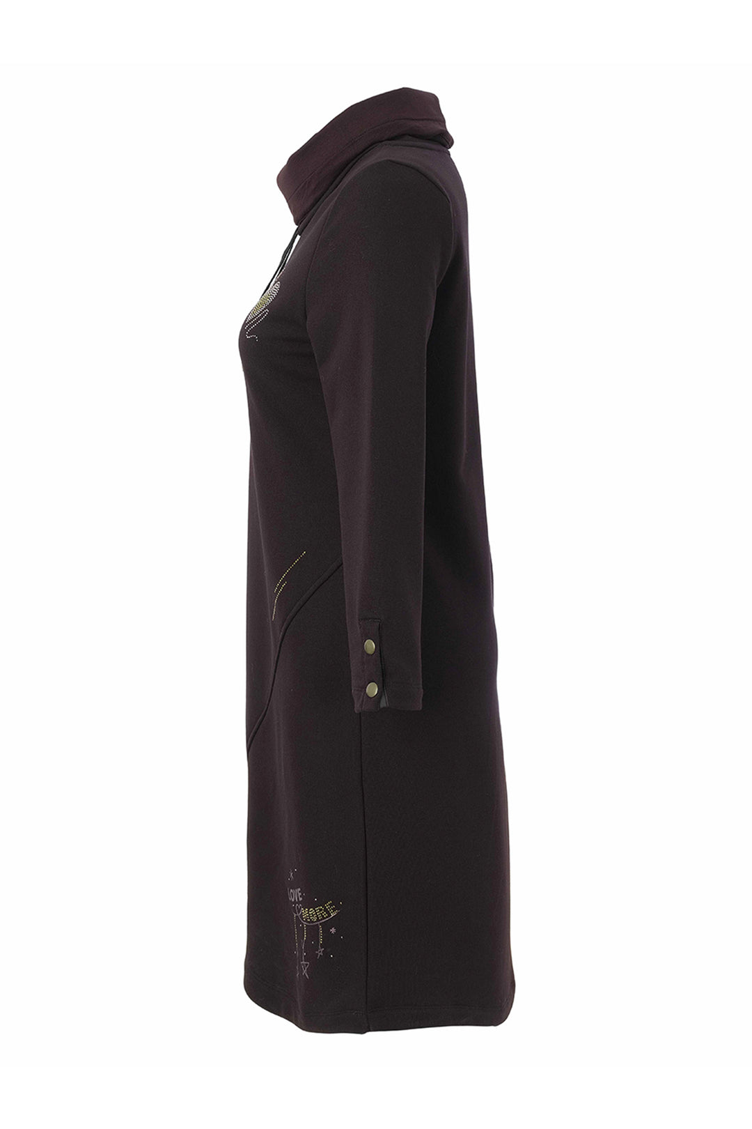 A black long-sleeve dress with a mock neck collar, shown from the side against a plain white background.