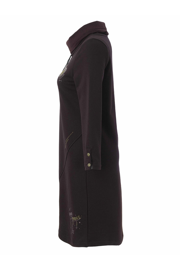 A black long-sleeve dress with a mock neck collar, shown from the side against a plain white background.