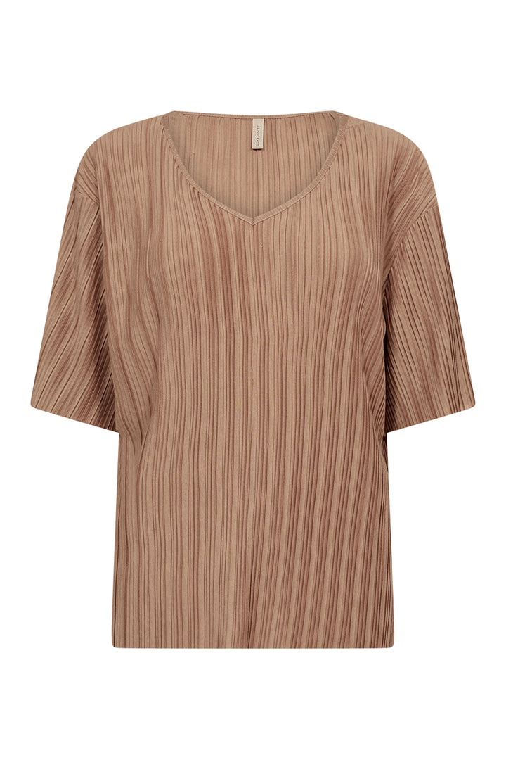 Soya Concept Fall 2024 Made with eco-friendly fabrics, this simple yet stylish top features loose short sleeves and a soft cut v-neck. The stripe pleated pattern adds a touch of casual charm.