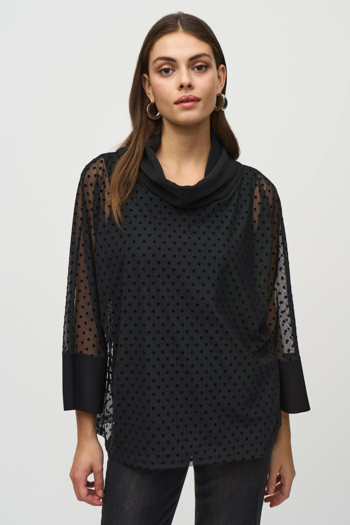 Joseph Ribkoff Fall 2024 The contrast cowl neck adds a touch of sophistication while the silky, polka dot mesh overlay layer over a cami elevates the look.