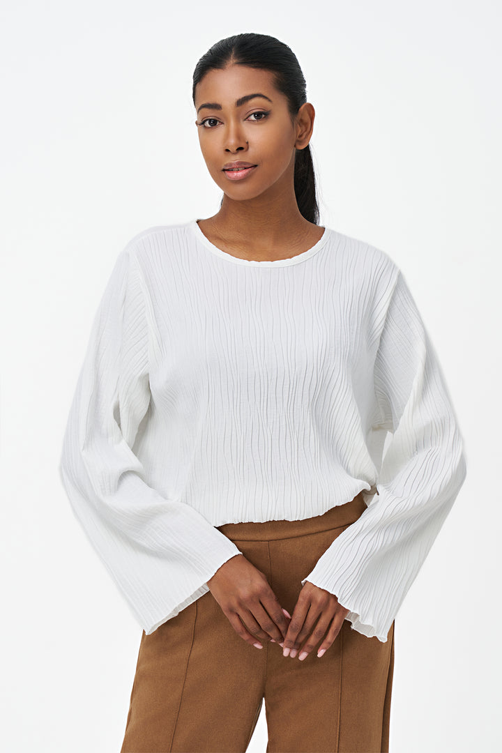 M Italy Fall 2025 Featuring a flattering round neckline and a flowing, light, and loose fit, this top ensures all-day comfort. The contrast plisse detailing on the front and sleeves adds texture and style, while the solid back offers a sleek finish.