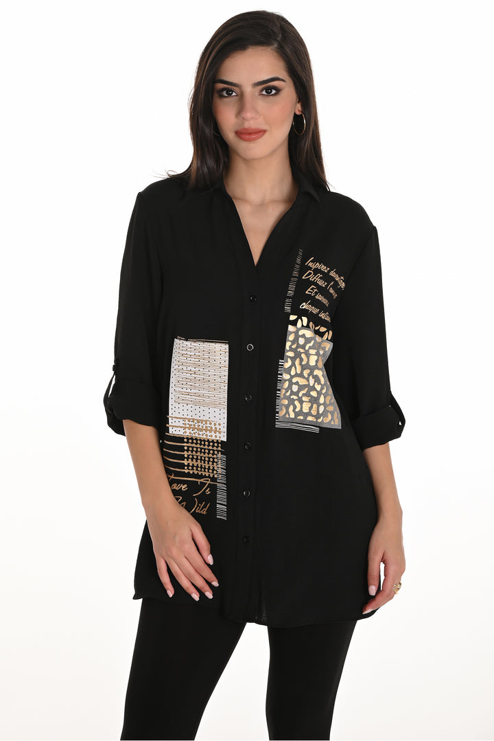 Frank Lyman Fall 2025 
This loose fitting button front tunic blouse is perfect to wear with leggings or jeans an easy outfit to throw together to look chic and stylish. 