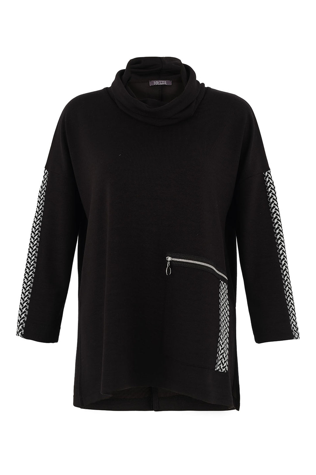 BLACK WHITE COWL TUNIC WITH HERRINGBONE TRIM