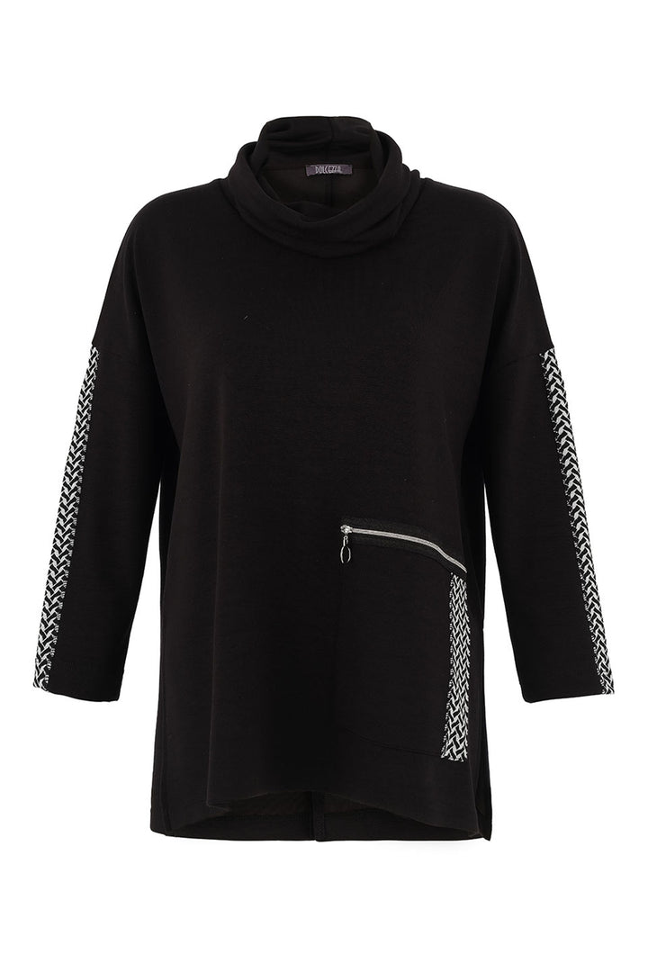 BLACK WHITE COWL TUNIC WITH HERRINGBONE TRIM