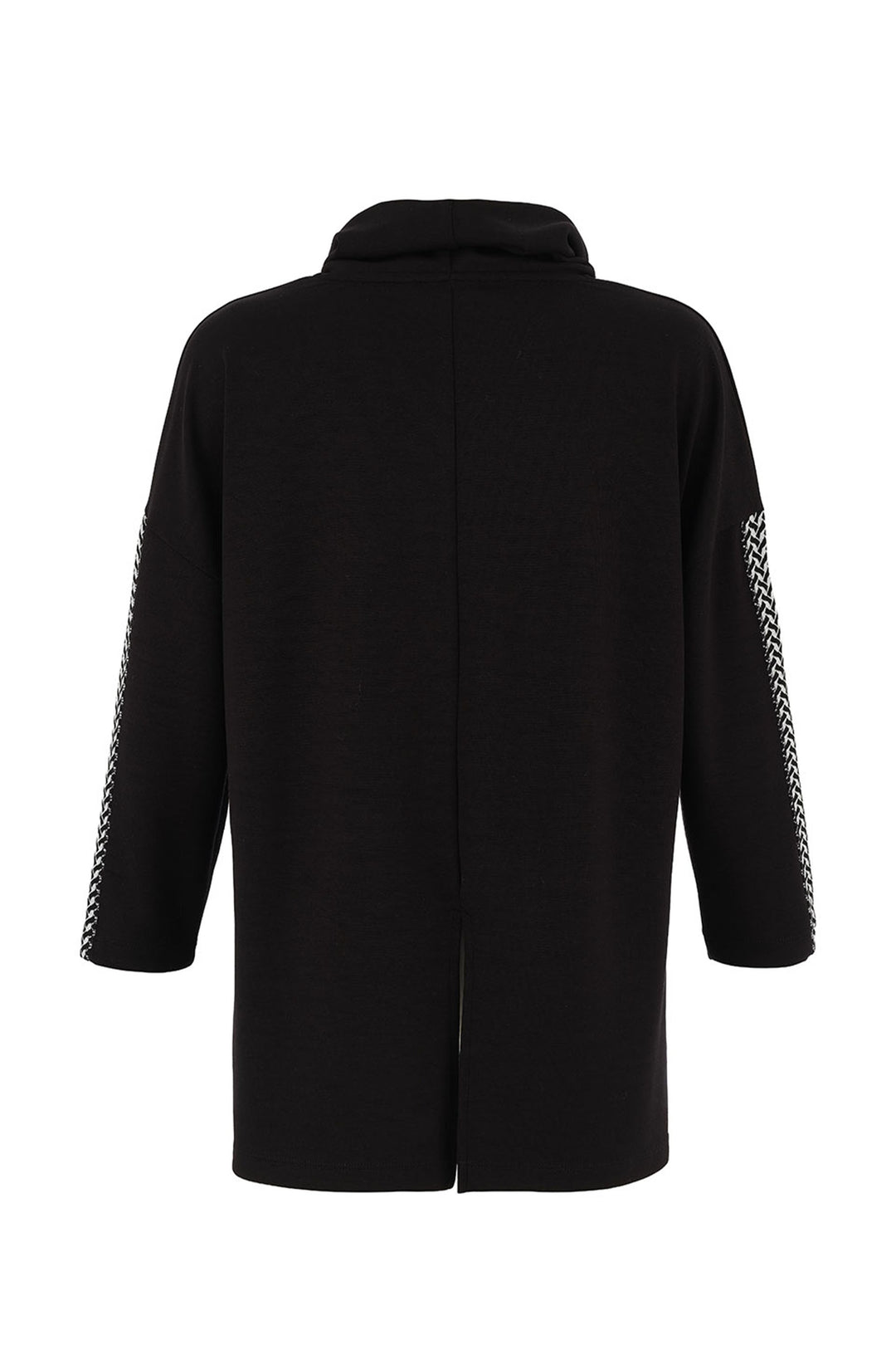 BLACK WHITE COWL TUNIC WITH HERRINGBONE TRIM