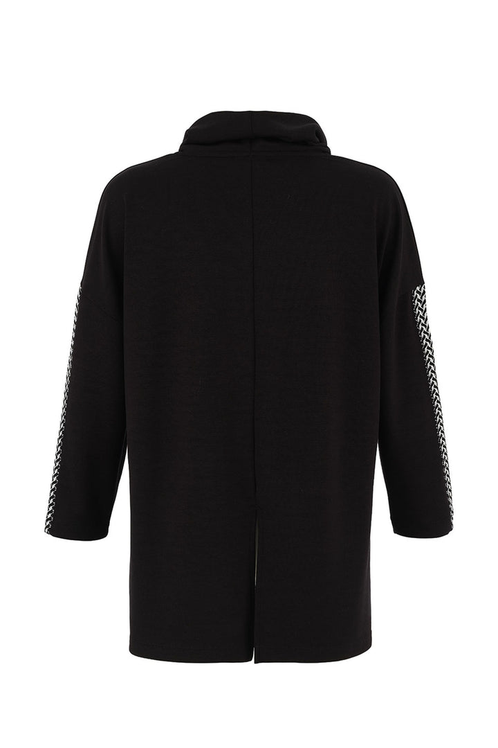 BLACK WHITE COWL TUNIC WITH HERRINGBONE TRIM