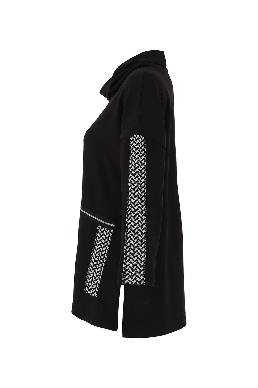 BLACK WHITE COWL TUNIC WITH HERRINGBONE TRIM