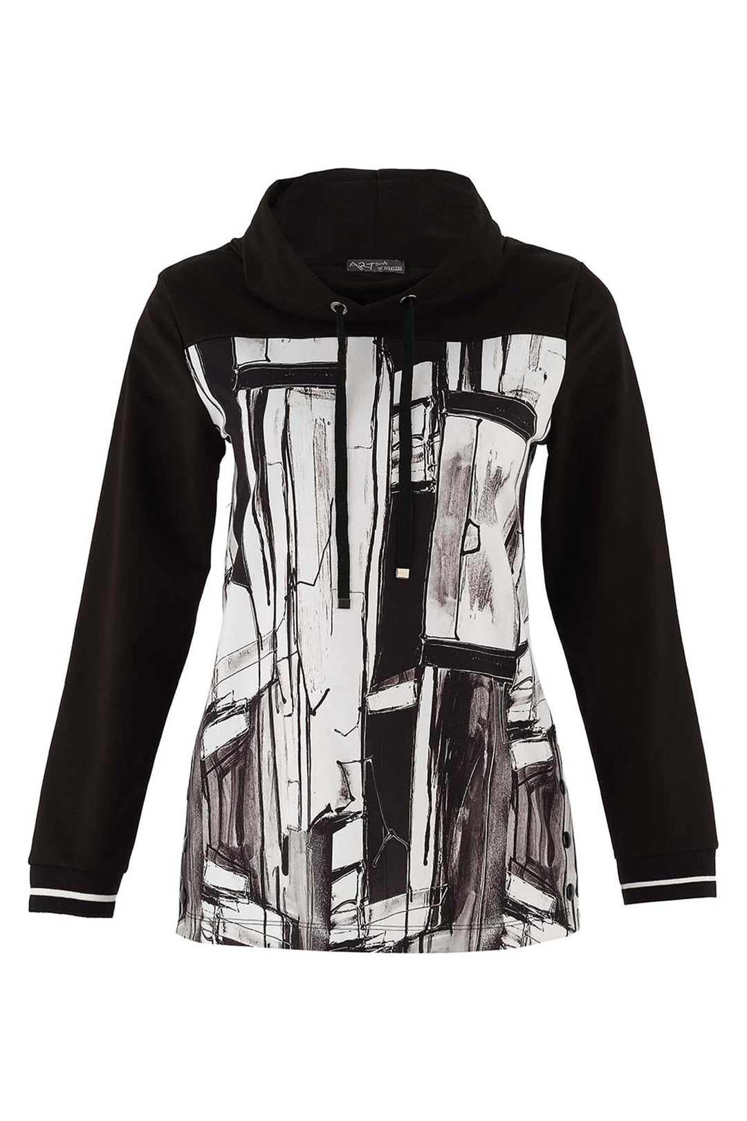 Dolcezza Fall 2025 
mbrace cozy style with the Baisti Black White LS Drawstring Neck Top, an ideal choice for early fall evenings. Its striking abstract black and white pattern covers both front and back, complemented by contrasting full-length sleeves for a modern edge.
