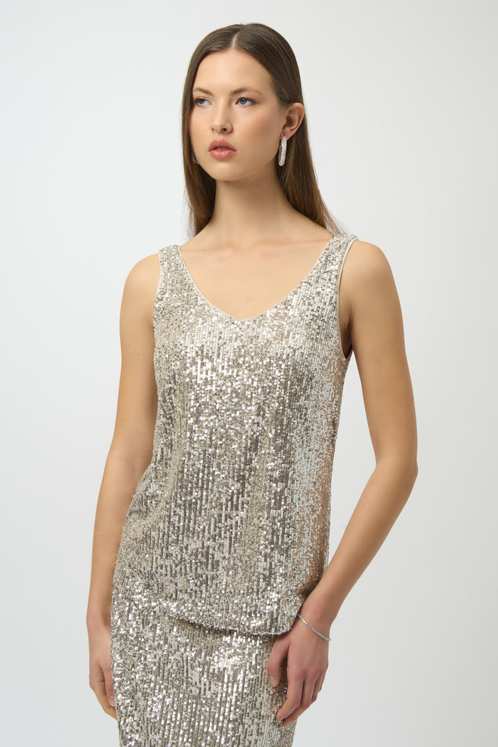 Joseph Ribkoff Fall 2025 
 Your look is sure to catch the eye with the shimmer of sequin fabric and the high-quality construction of the v- neck, sleeveless style. 