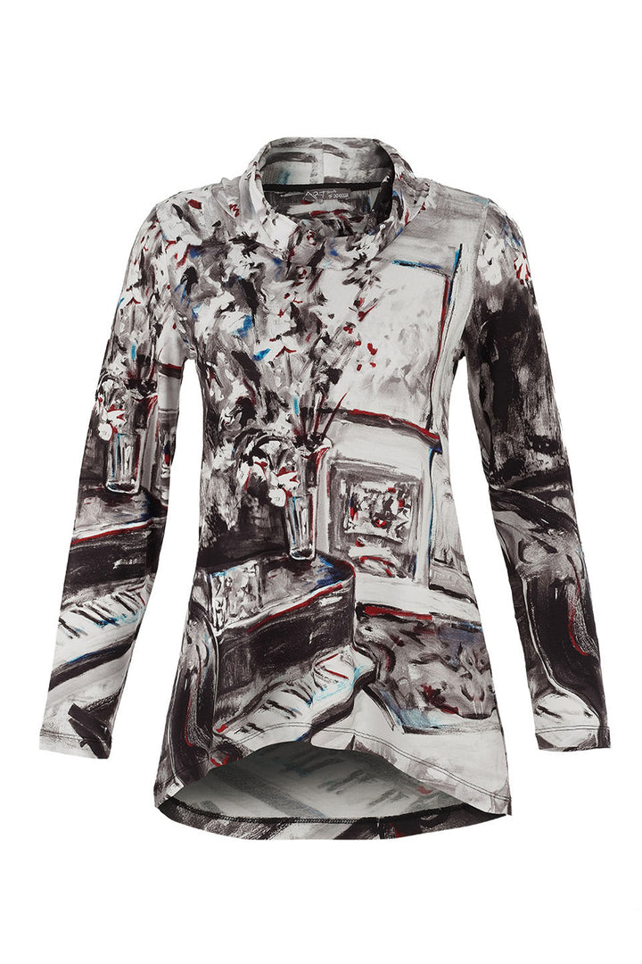 Dolcezza Fall 2025 
Experience the perfect blend of comfort and sophistication with the Piano Blues Cowl Neck Tunic. Featuring an elongated silhouette and a striking abstract art print in rich fall tones, this tunic elevates your wardrobe while providing a relaxed fit.