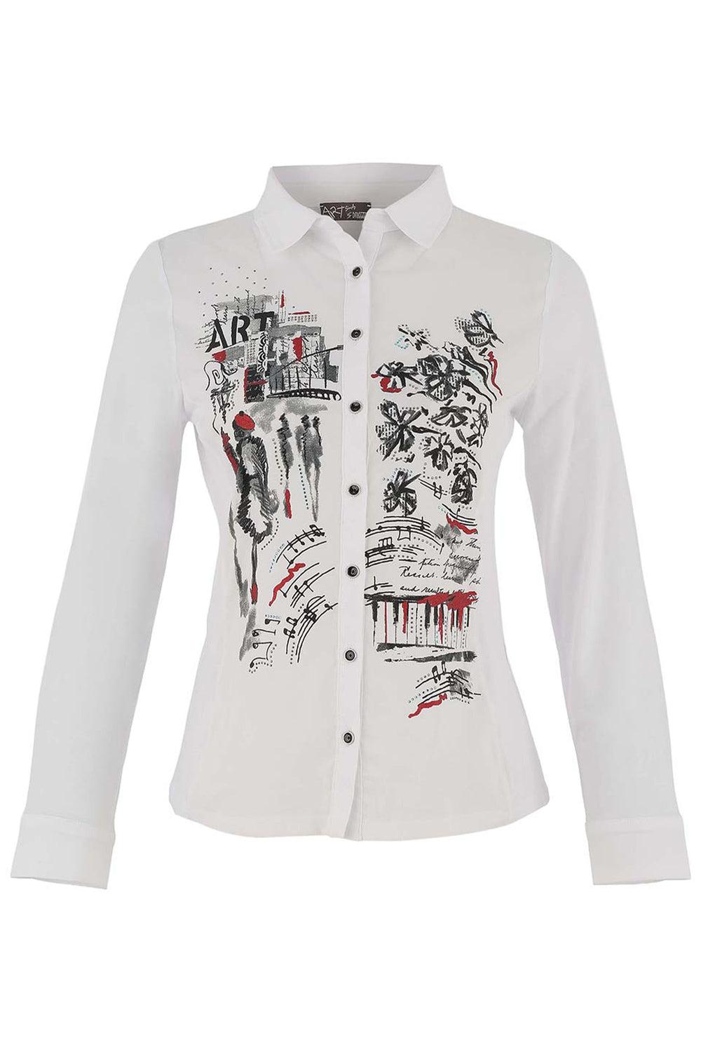 Dolcezza Fall 2025 
This lively yet graceful Dolcezza classic is crafted from a beautiful white cotton-blend knit, with exquisite artwork painting in black and red colours. Stretchy and comfortable, it features long sleeves, a front button closure and stylish contrasting details.