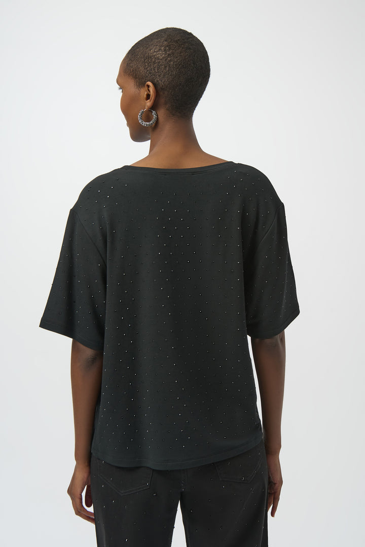 BLACK SCOOP NECK EMBELLISHED TEE
