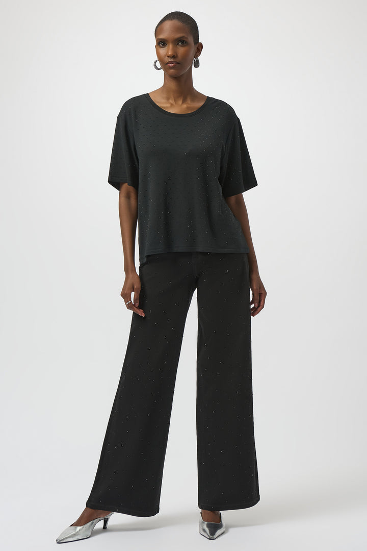 BLACK SCOOP NECK EMBELLISHED TEE