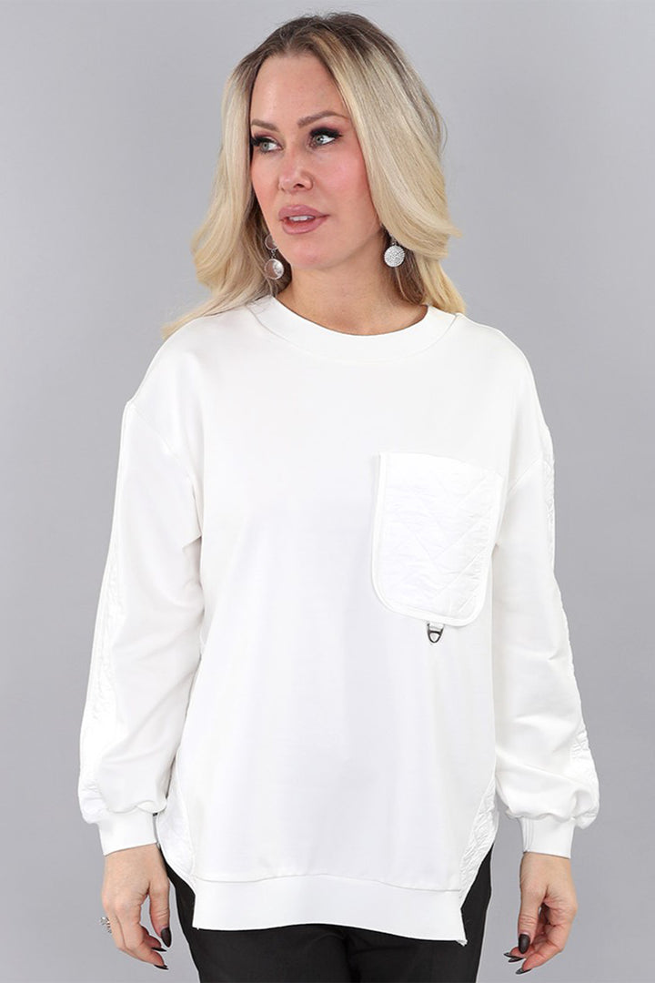 LS SWEATER TOP WITH QUILTED POCKET & BACK