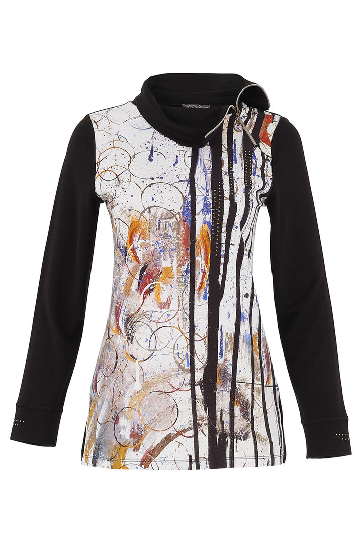 Dolcezza Fall 2025 
 The double stitch hem provides durability while the abstract brushstroke print adds a touch of chic! The long contrast sleeves and asymmetric cowl neck, featuring a diagonal zipper, make a bold statement. 