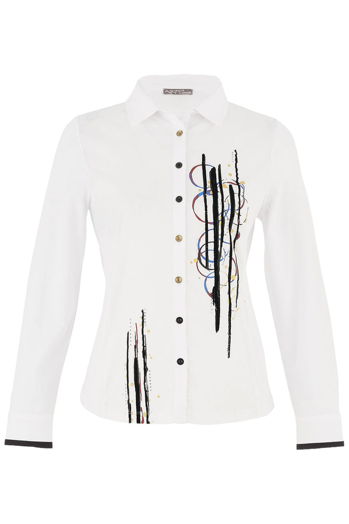 Dolcezza Fall 2025 
This long sleeve blouse features a classic style, cotton-blend fabric long sleeves with a chic abstract artwork print with contrast multi colour front buttons.
