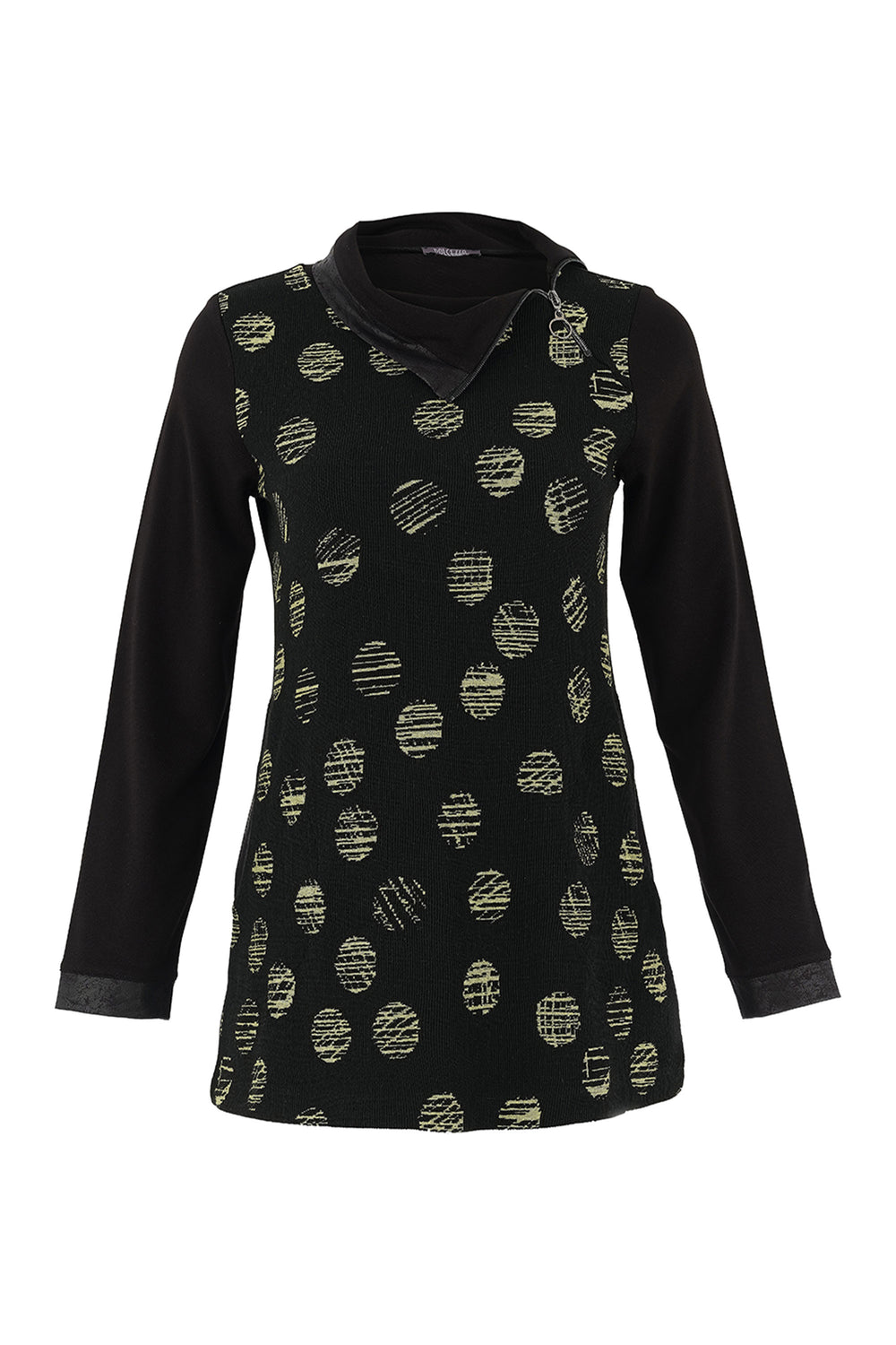 Dolcezza Fall 2025 
The double stitch hem provides durability while the abstract dots print adds a touch of chic! The long contrast sleeves and asymmetric cowl neck, featuring a diagonal zipper, make a bold statement.
