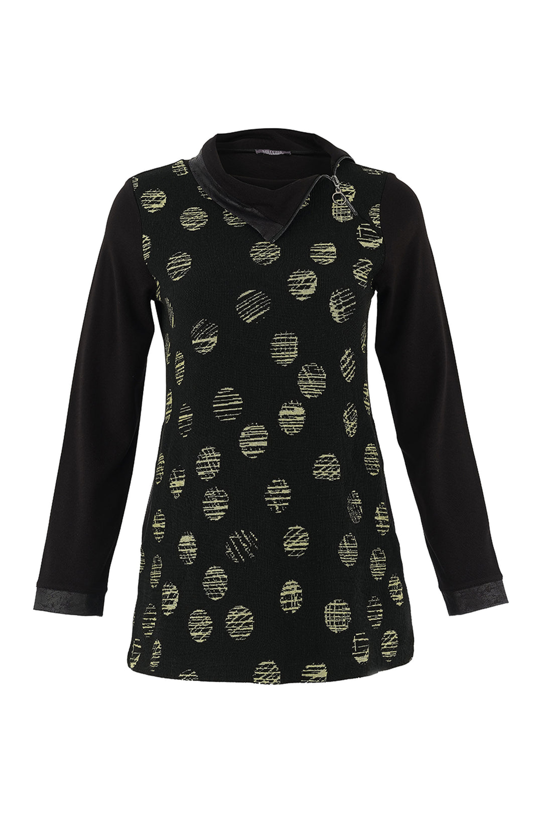 Dolcezza Fall 2025 
The double stitch hem provides durability while the abstract dots print adds a touch of chic! The long contrast sleeves and asymmetric cowl neck, featuring a diagonal zipper, make a bold statement.