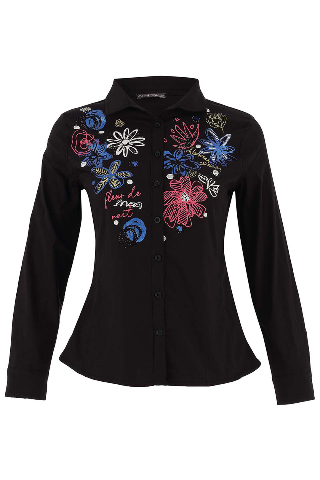 Dolcezza Fall 2025 
Featuring a classic collar and front buttons, it’s designed for effortless elegance. The curved front hemline adds a cute, modern silhouette, while the delicate floral embroidery pops beautifully against the chic black background.