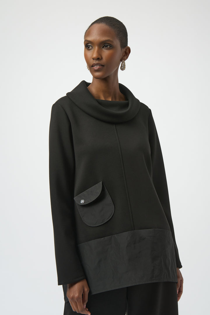 JOSEPH RIBKOFF Fall 2025 
Elevate your wardrobe with this sophisticated scuba jersey top featuring contrast memory fabric with cowl neck and front pocket. This light sweater top offers a comfortable light feel while maintaining its shape throughout the day. 