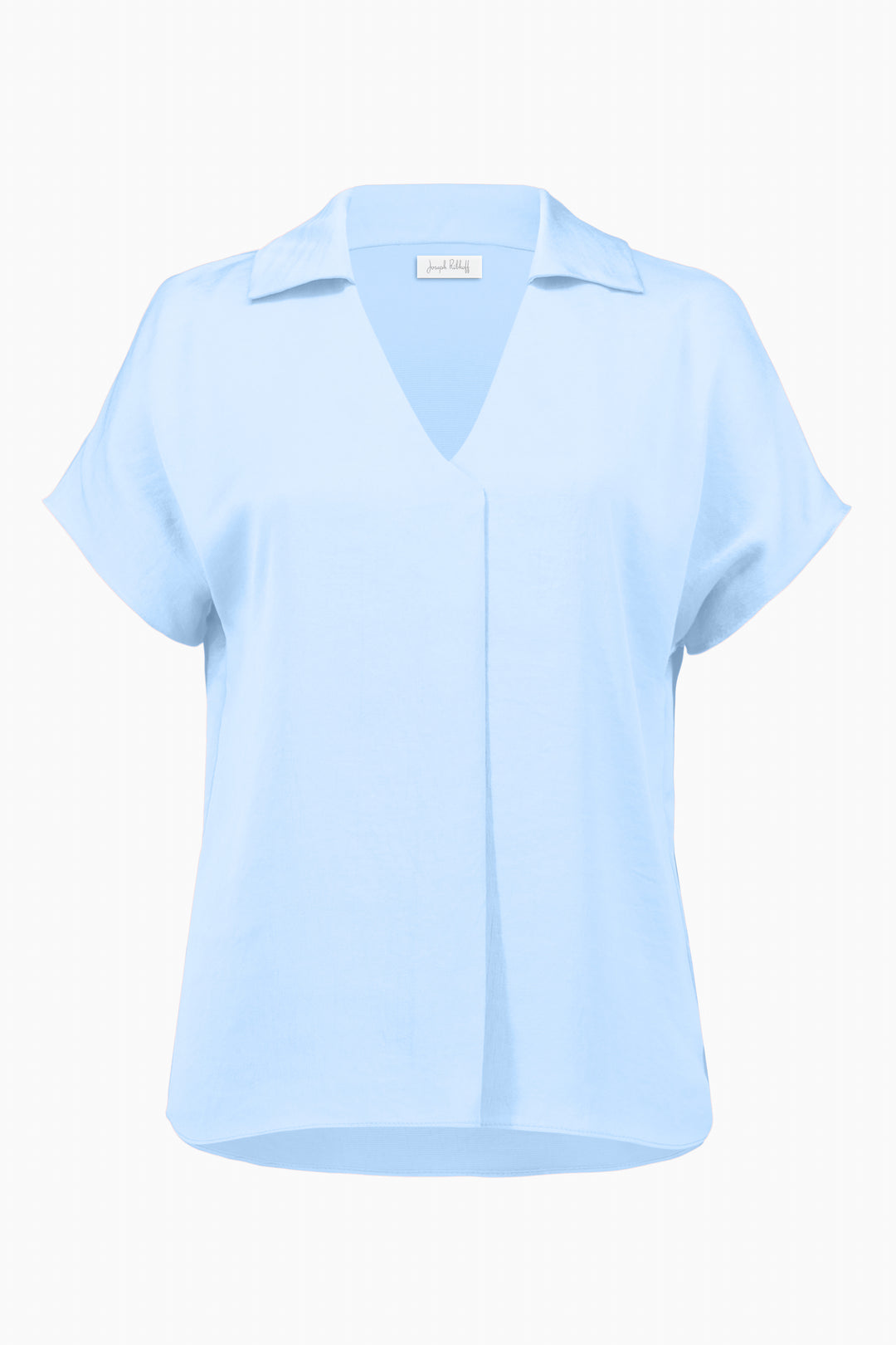 Light blue blouse top with collar and v-neck on a white background