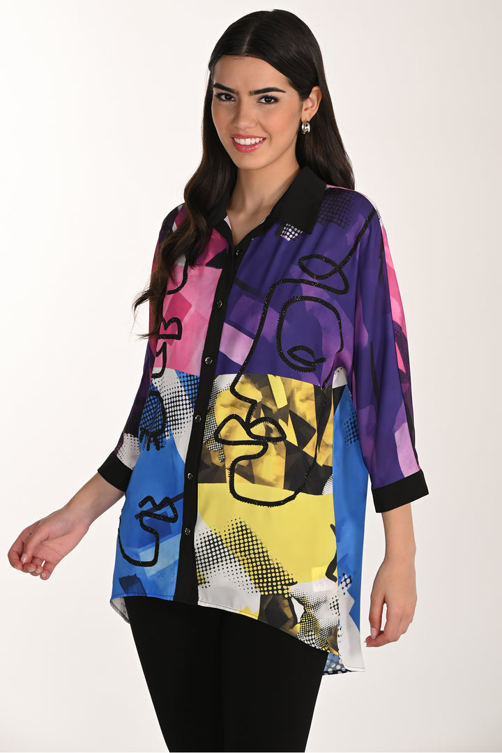 Woman wearing a colorful abstract patterned button blouse  on a white background