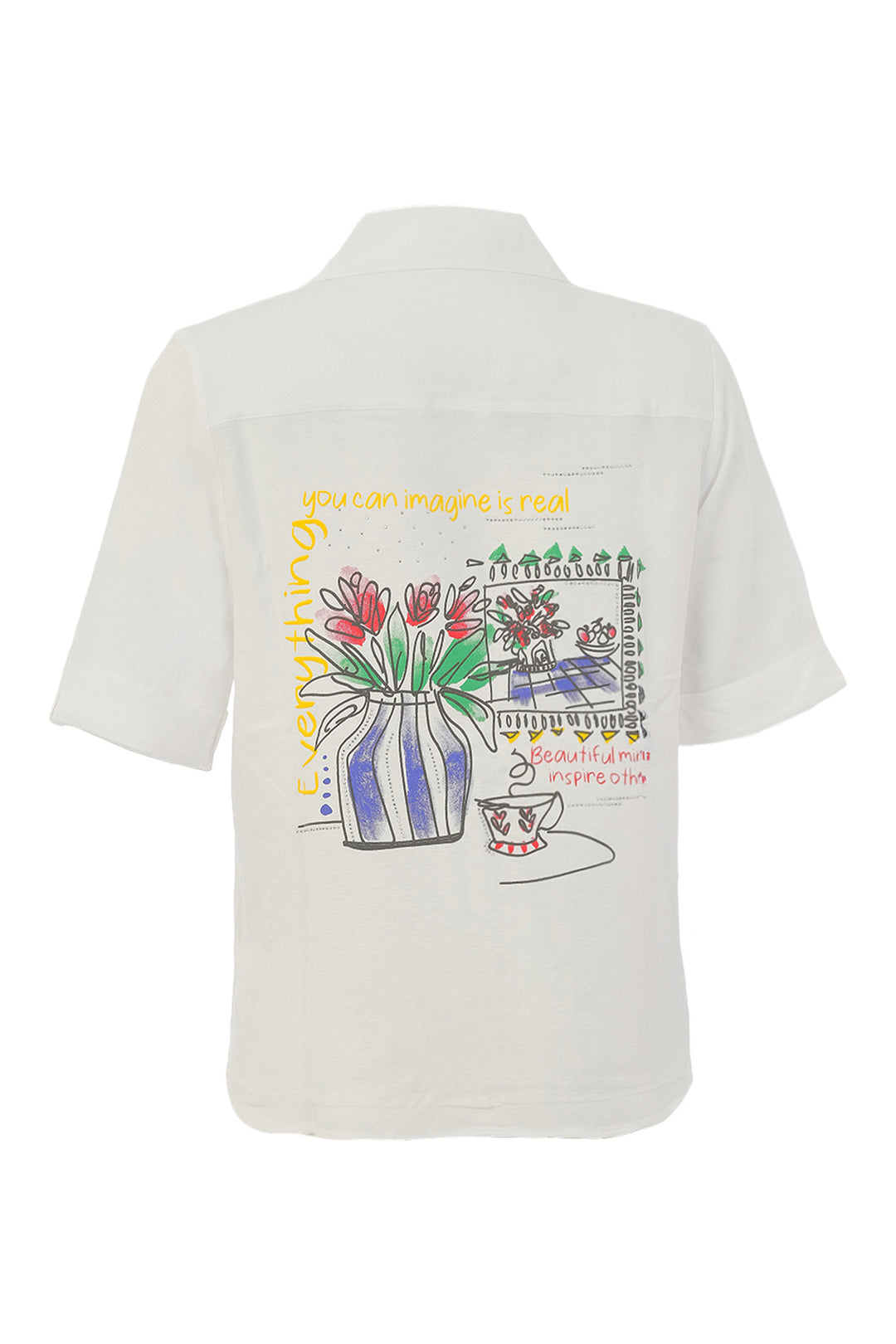 White t-shirt with colorful garden-themed design on a white background