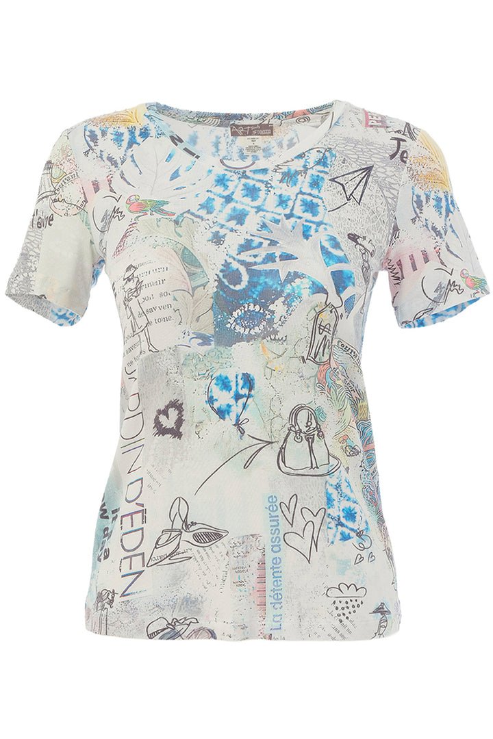 White t-shirt with colorful abstract designs and text on a white background