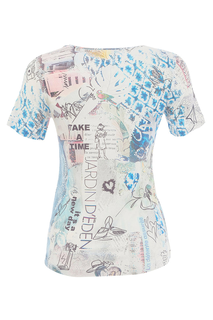 Short-sleeve shirt with colorful abstract design on a white background