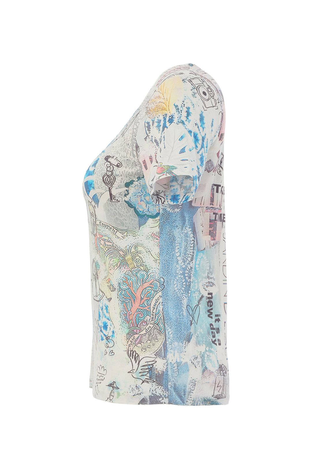 One-shoulder top with colorful abstract pattern on a white background