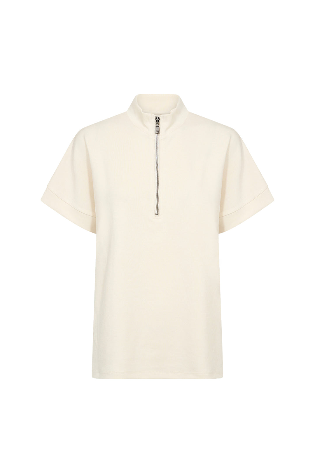 Cream short sleeve half zip top on a white background. 