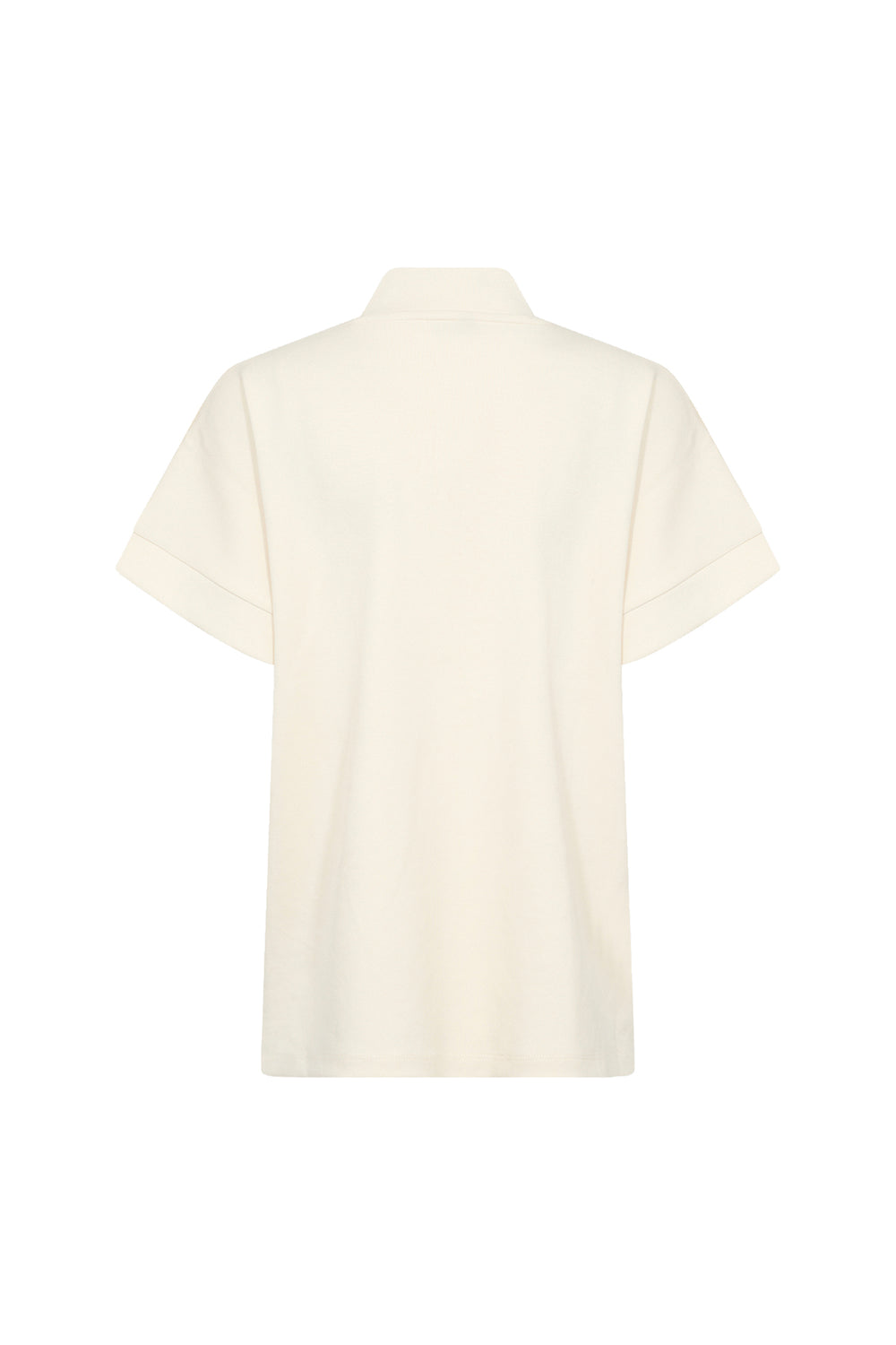 Cream short sleeve half zip top on a white background. 